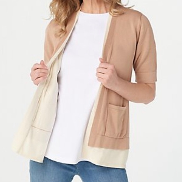 Isaac Mizrahi Elbow sleeve layered cardigan with pockets 2X - Picture 1 of 3